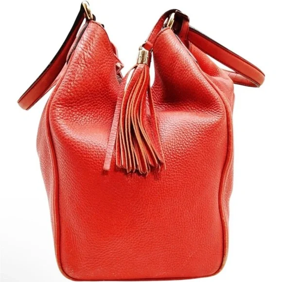 AUTHENTIC Gucci Soho Red Pebbled Leather Top Handle Bag Satchel Tassel - Red - Picture 5 of 8
